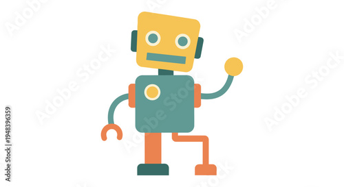 Colorful cartoon robot with headphones on.
