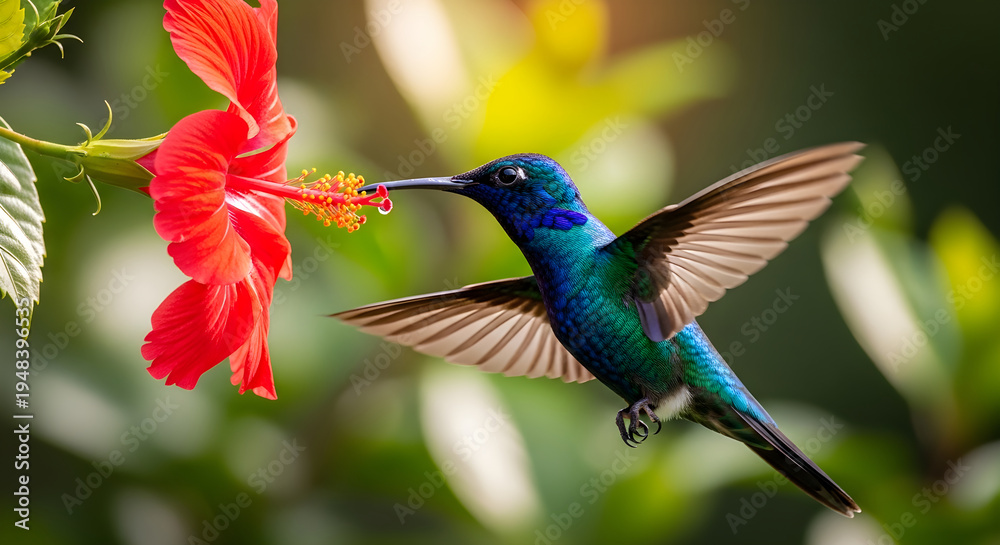 Fototapeta premium Close-up of a stunning vibrant blue hummingbird with iridescent feathers hovering gracefully to feed nectar from a beautiful bright red hibiscus flower in a lush tropical garden