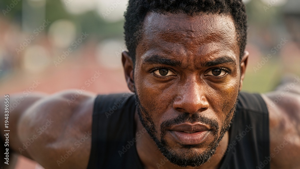Fototapeta premium Intense African American Athlete Performing Push-Ups Outdoors