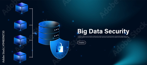 Big data protection  concept with digital shield and database icon. Cybersecurity technology for protecting large data systems, privacy safety and secure information management.