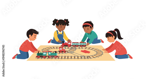 Four diverse children are happily playing together on the floor, building and arranging toy trains on a train track.