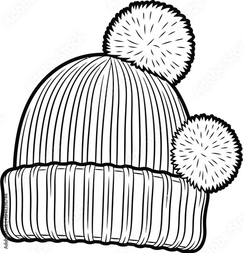 A black and white illustration of a ribbed knit beanie with two fluffy pom poms attached
