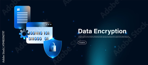Data encryption security concept with digital lock and database icon. Cybersecurity technology for protecting information, secure data transfer and privacy protection systems.