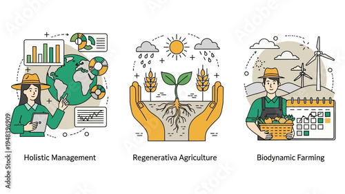 Abstract vector illustrations of conservation and regenerative farming systems