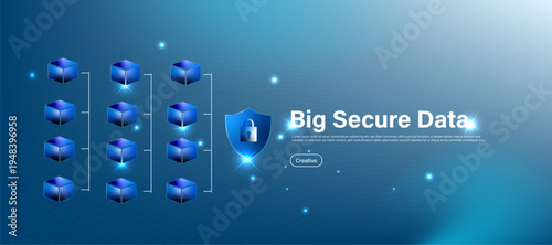 big digital data security concept with shield lock and database storage icon. Modern cybersecurity system for protecting large scale information, digital privacy 