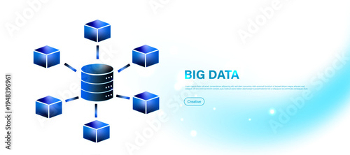 Big database system concept with server and data storage icon. Digital technology for managing large scale information, database organization and secure data management.


