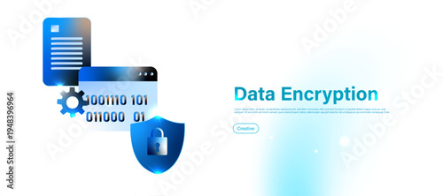 Data encryption technology concept with secure lock and digital data icon. Cybersecurity system for safe information storage, privacy defense and secure digital communication.