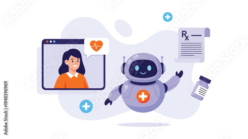 AI medical assistant giving online consultation to a female patient via tablet with digital prescription