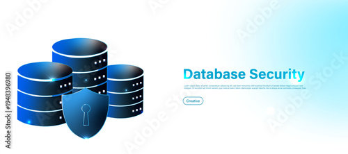 Secure database protection concept with lock shield and data server icon. Modern cybersecurity technology for database safety, privacy protection and secure digital information systems.