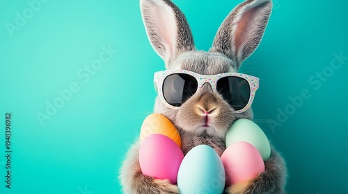 A cool Easter bunny wearing sunglasses and holding colorful eggs on a teal background
