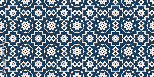 Vector seamless pattern with indian geometric floral motifs. Ethnic arabesque texture with traditional star shapes, oriental tiles ornament. Blue background. Repeated design for textile, print, decor