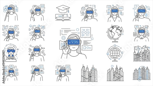 AR and VR Technology Concept with Gaming, Virtual Training, Smart Interfaces and People Using Mixed Reality Glasses