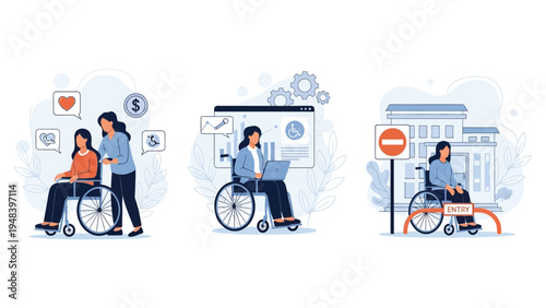 Assistance for people with disabilities social support, caregivers, and assistive technology in various environments. Flat vector illustration set