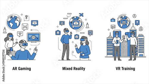 Augmented and Virtual Reality Technology Concept with AR Gaming, Mixed Reality and VR Training Scenes
