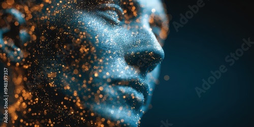 AI generated digital avatar face composed of particles and glowing lines