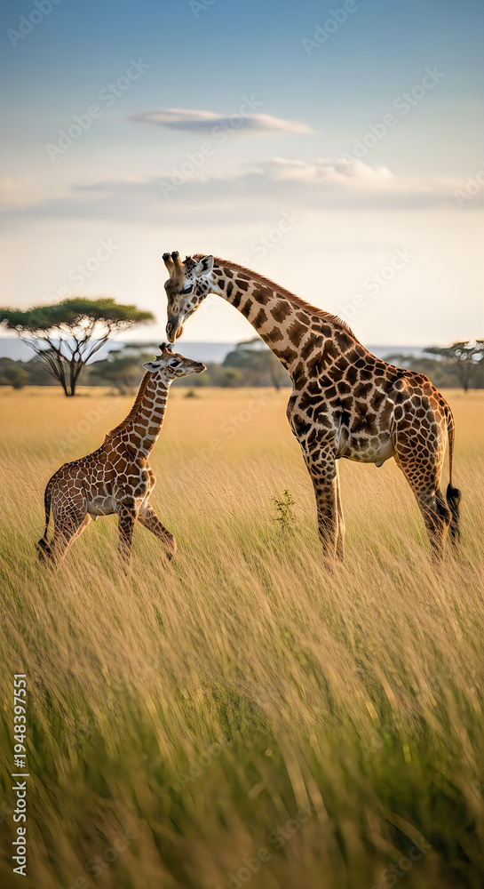 Obraz premium A giraffe and a baby giraffe play in the savannah