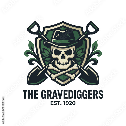 Photography A detailed illustration of a skull with crossed shovels, representing the gravedigging profession, highlighting the themes of mortality, tradition, and respect for the departed
