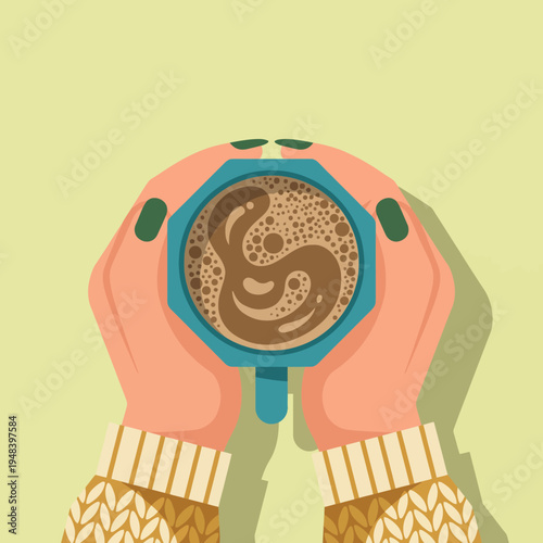 A cozy illustration features hands gently cradling a coffee cup topped with intricate latte art, evoking warmth, comfort, and the joy of simple pleasures in life.