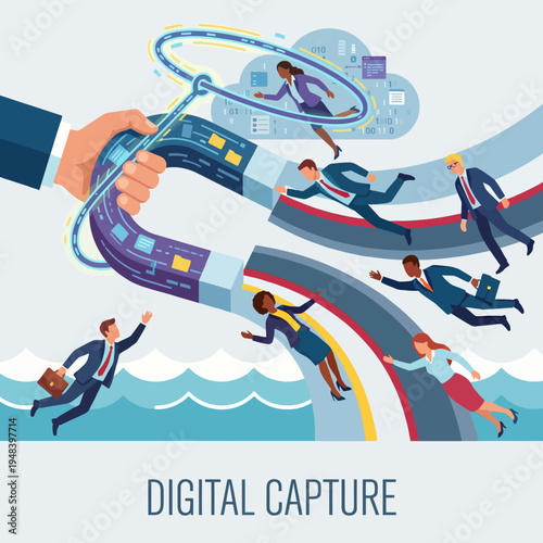 This artwork captures the concept of digital capture, featuring a large digital magnet attracting business professionals, symbolizing growth in the digital age.