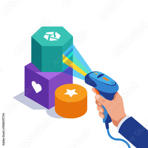 A hand uses a barcode scanner on colorful blocks, illustrating modern inventory management and the efficiency of technology in organizing and accessing products easily.