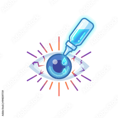 An illustration depicting eye drops being applied to an eye, highlighting the importance of eye care, comfort, and health in our daily lives amidst digital strain.