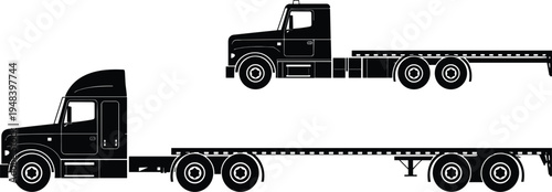 Heavy duty semi truck with flatbed trailer vector silhouette set featuring side view commercial vehicle icons for shipping and logistics design.