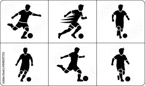 A collection of six black silhouettes of soccer players in different poses, showcasing their movements and actions on the field.