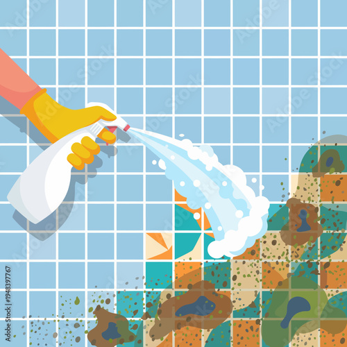 This image showcases a hand spraying cleaning solution onto tiled surfaces to remove dirt and stains, emphasizing the importance of cleanliness in daily life.