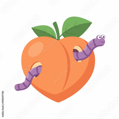 A whimsical illustration of a peach with cute worms peeking out, playfully depicting nature's surprises and the theme of imperfection in fruits.