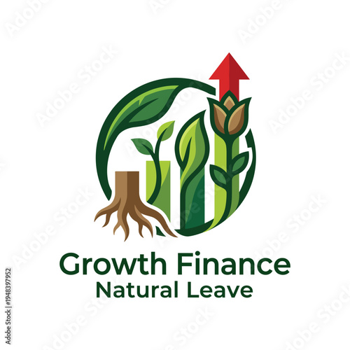 This illustration symbolizes growth in finance, integrating natural elements like leaves and bars in a circular design, merging ecology with financial prosperity themes.