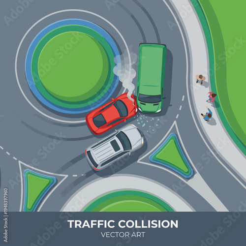 This vector art illustrates a traffic collision between three cars at a roundabout, emphasizing the chaos and danger associated with road accidents.