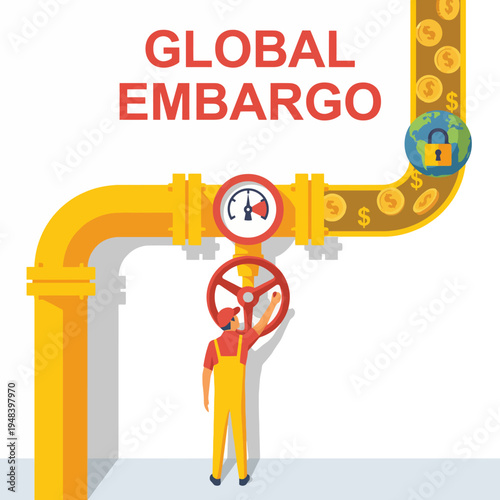 This image showcases global embargo through a pipe system, highlighting economic control and the flow of resources affected by such measures in a visual format.