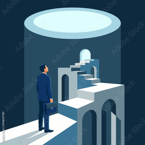 This illustration portrays a businessman gazing at stairs leading to a bright light, symbolizing ambition, growth, and the pursuit of success in a corporate environment.