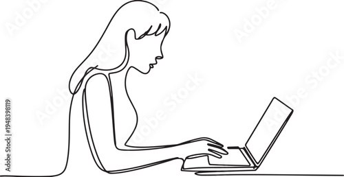 Woman using laptop continuous line drawing computer