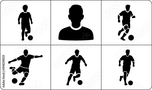 A set of black silhouettes depicting soccer players in various poses, showcasing athleticism and movement, with a clean and simple design.