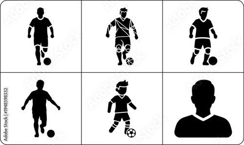 A set of black silhouettes of soccer players in various poses, showcasing different actions and movements, against a clean white background.