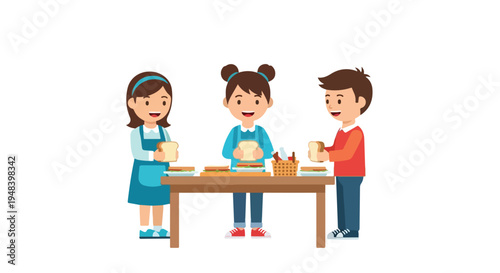 Three happy children in aprons are standing around a table, actively making sandwiches with various fresh ingredients.