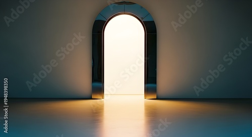 Futuristic Arched Gateway With Bright Light Reflecting On Dark Floor Of Minimalist Room