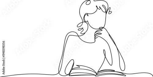 Person with hand on chin reading a book continuous line drawing
