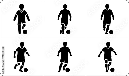 A black silhouette of a soccer player in various poses, showcasing different movements and actions while playing soccer, set against a clean white background.
