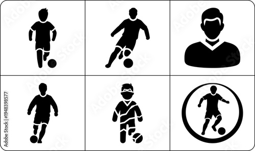 A set of black silhouettes showing various soccer players in action and a coach in silhouette mode, conveying energy and athleticism.