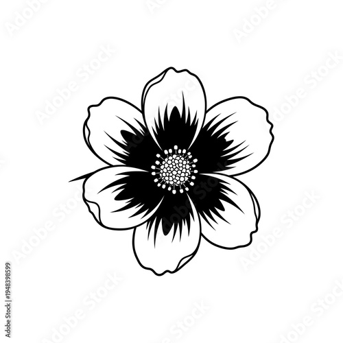 A minimalist black and white illustration of a single blossoming flower
