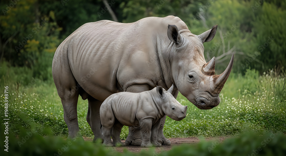 Fototapeta premium A rhinoceros and a baby rhinoceros standing in a green field