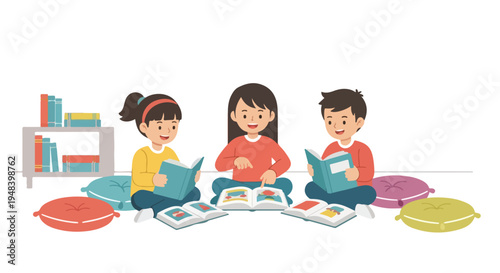 Three happy children sit on cushions, reading and sharing colorful picture books together, with a bookshelf nearby.