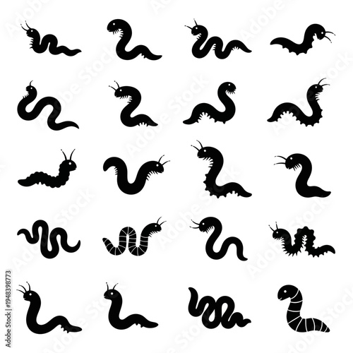 Collection of stylized black silhouettes depicting various snake and worm shapes