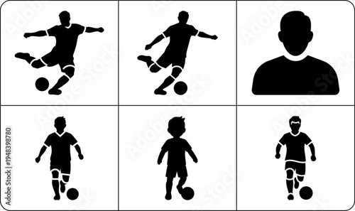 A collection of black silhouettes depicting soccer players in various dynamic poses, showcasing athleticism and movement on a clean white background.