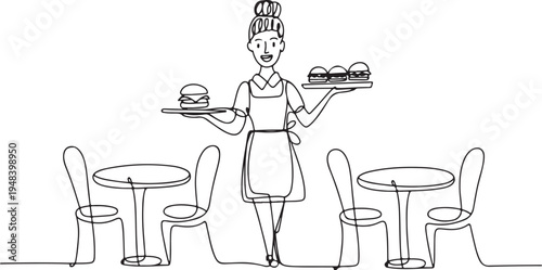 Waitress Serving Burgers at Cafe Tables Line Art Keywords: waitress, serving, burgers, cafe