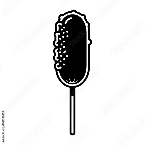 Black and white illustration of a corn dog on a stick