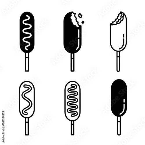 A collection of corn dog illustrations in varying styles and completeness