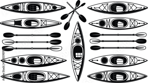 Kayak and paddle vector set featuring top view silhouette illustrations for outdoor water sports adventure and lake recreation equipment design.